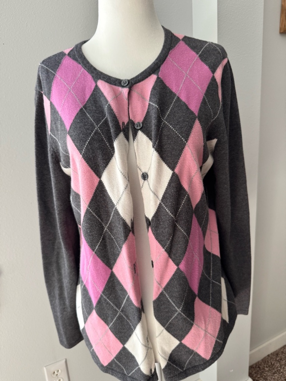 Y2K Karen Scott grey pink argyle cardigan 100% cotton barbiecore size medium - Picture 3 of 5